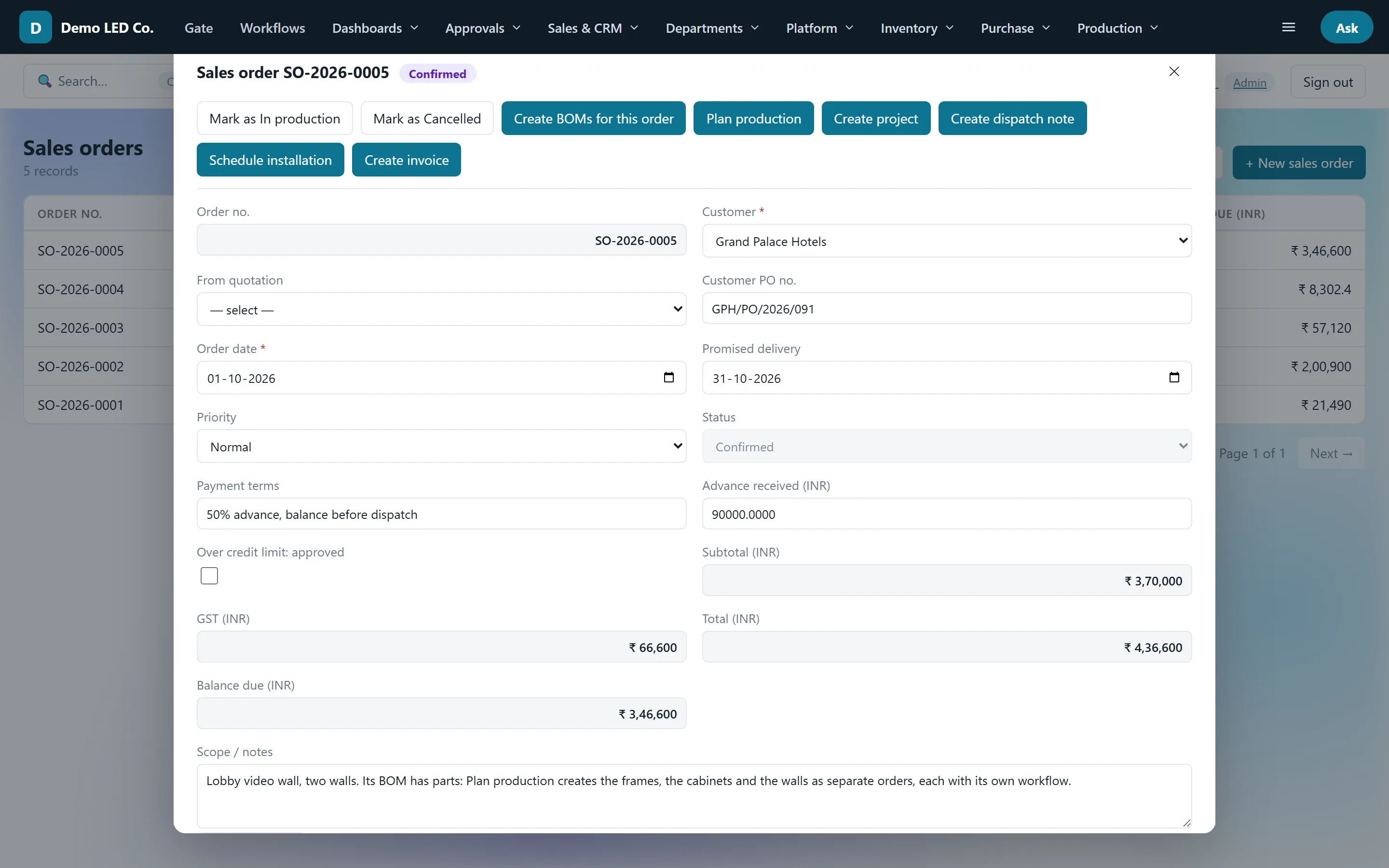 A sales order with its actions: plan production, dispatch, invoice
