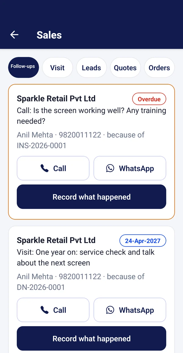 Sales follow-ups with call and record buttons